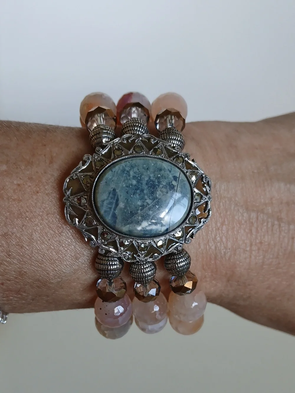 Silver-Tone Blue Jade  Stone & Peach Agate Bead Stretch Bracelet